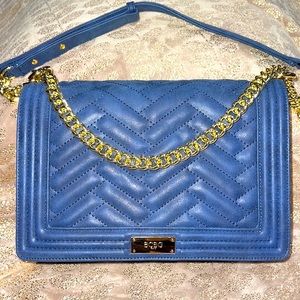 BCBG Gold Chain Faux Suede Denim Blue Quilted Shoulder Bag